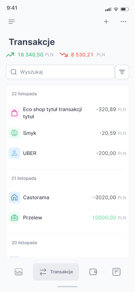 lista transakcji w aplikacji mobilnej
